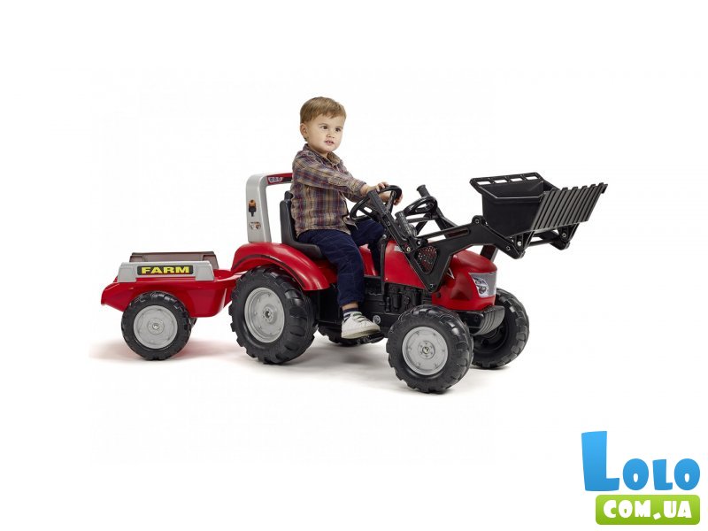 Детский трактор на педалях с прицепом и передним ковшом Maccormick, Falk (красный)
